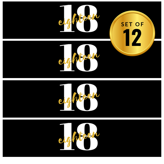 Custom 18th Birthday Water Bottle Labels| Set of 12| Bottles Wrappers|18 Text| Elegant Design| Drink Labels