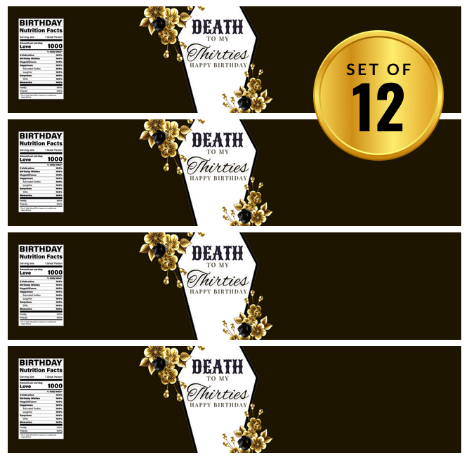 Death To Thirties Water Bottle Labels | Set Of 12 | 40th Birthday Decor | Spooky Elegant Design | Casket Flowers