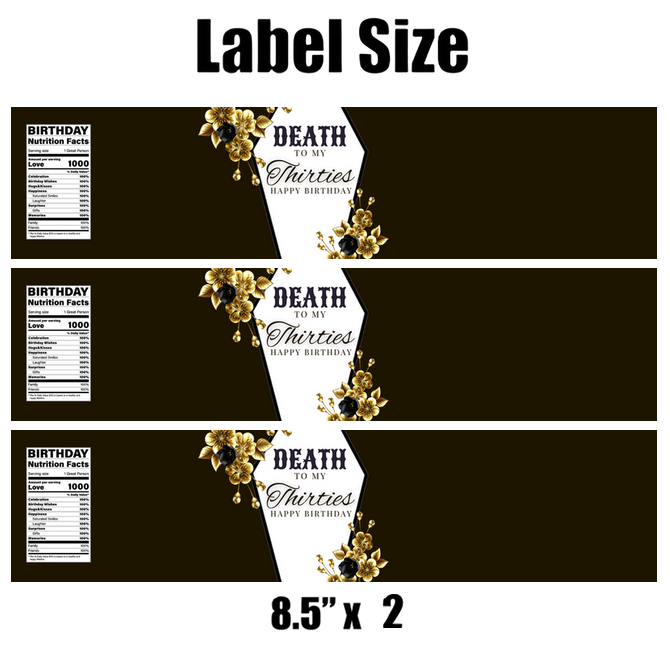 Death To Thirties Water Bottle Labels | Set Of 12 | 40th Birthday Decor | Spooky Elegant Design | Casket Flowers
