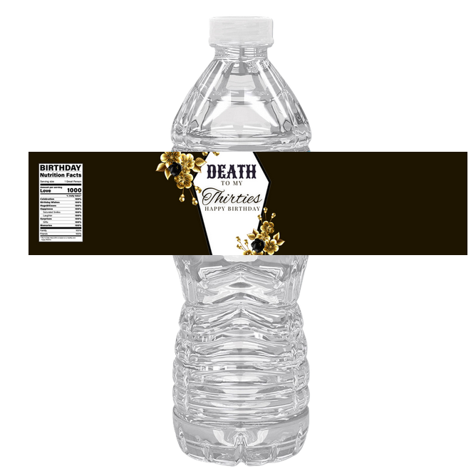 Death To Thirties Water Bottle Labels | Set Of 12 | 40th Birthday Decor | Spooky Elegant Design | Casket Flowers