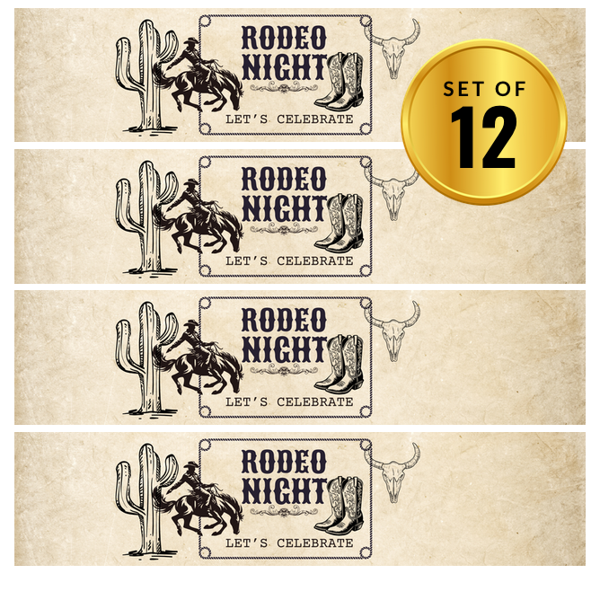 Rodeo Night | Cowboy Party Water Bottle Labels | Set Of 12 | Western Party Favors | Drink Wraps