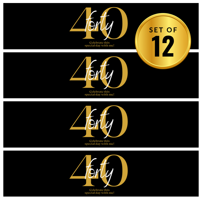 40 Birthday Party Water Bottle Labels | Set Of 12 | Milestone Celebration Favors | Drink Wraps