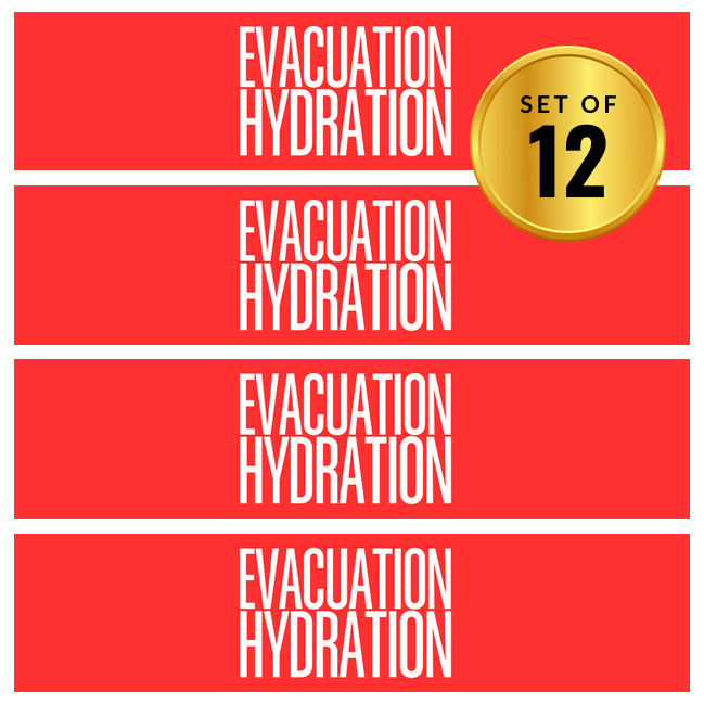Funny Evacuation Hydration Water Bottle Labels | Set Of 12 | Humor Table Accents | Drink Wraps