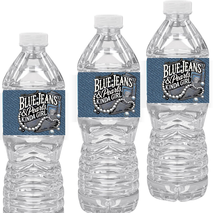 Blue Jeans Pearls Kinda Girl Water Bottle Labels | Set Of 12| Country Chic | Cowgirl Party Decor
