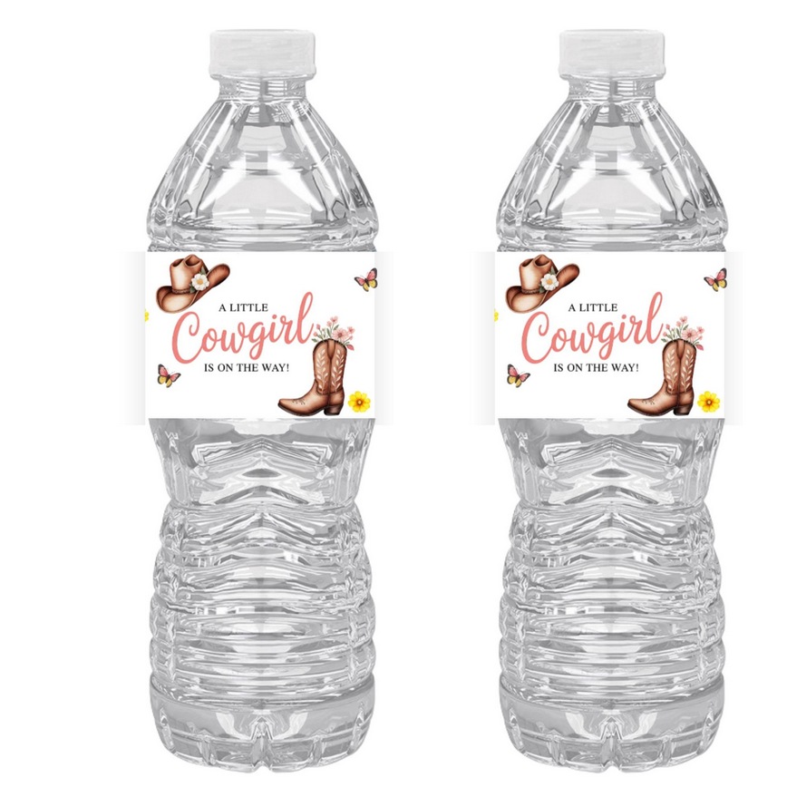 A Little Cowgirl Is On The Way Water Bottle Labels| Set of 12 | Glossy| Western Theme Baby Shower Favors