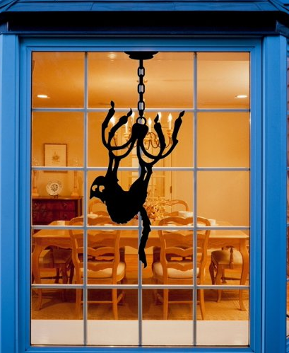 Halloween Crazy Cat swinging from Chandelier Window Cling Large silhouette Decal:Halloween Decal|Reusable