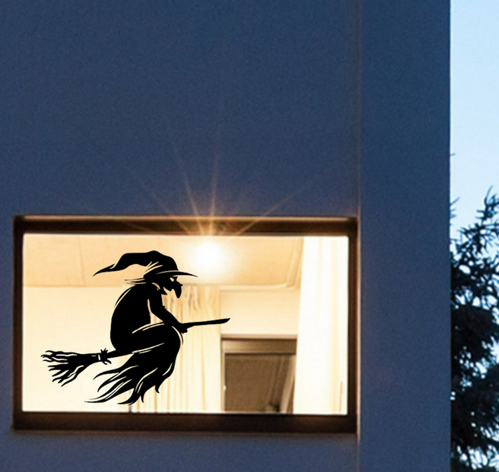 Spooky halloween Flying On Broom Window Cling Decal:Halloween Window Silhouette|Halloween Decor