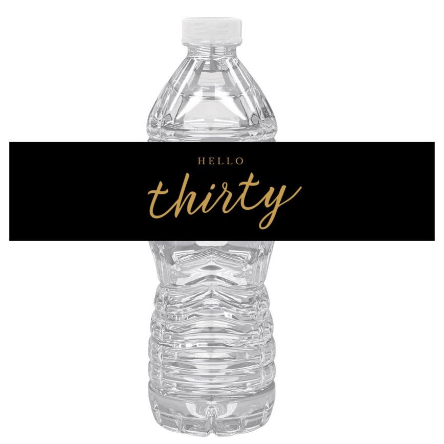 Thirty Birthday Party Water Bottle Labels | Set of 12 | 30th Milestone Decor | Elegant Design | Drink Wraps