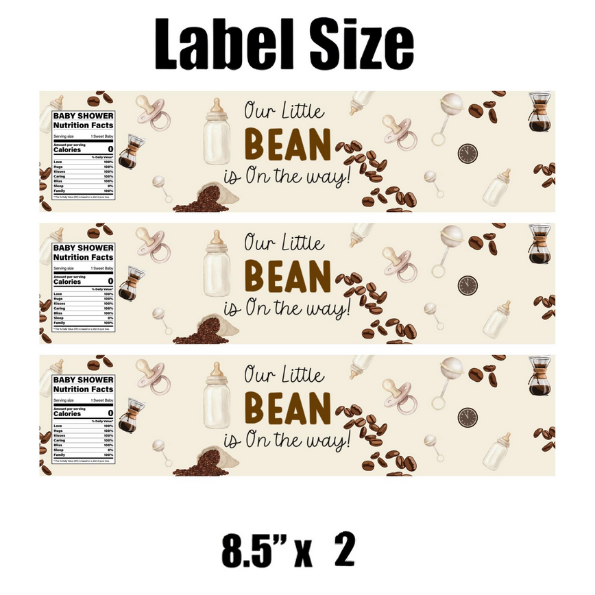 Our Little Bean is On The Way Water Bottle Labels | Coffee Theme Baby Shower Favors | Fun Nutrition Facts Panel Design | 12 | Glossy