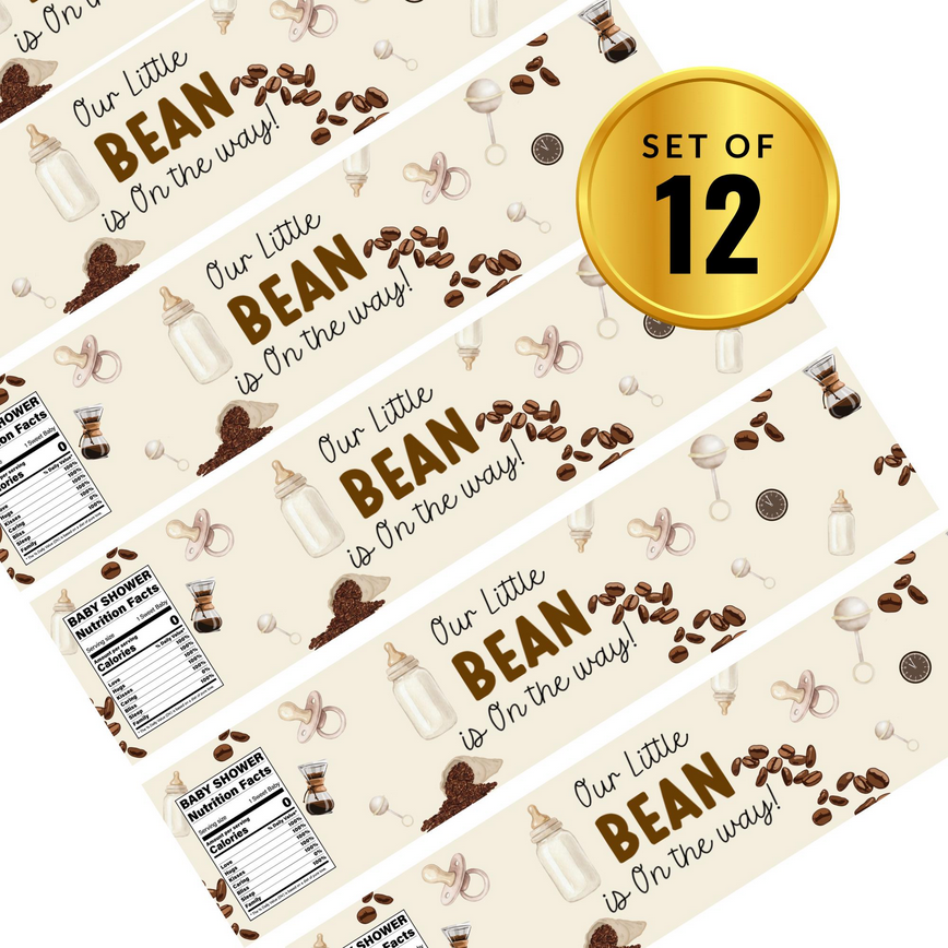 Our Little Bean is On The Way Water Bottle Labels | Coffee Theme Baby Shower Favors | Fun Nutrition Facts Panel Design | 12 | Glossy