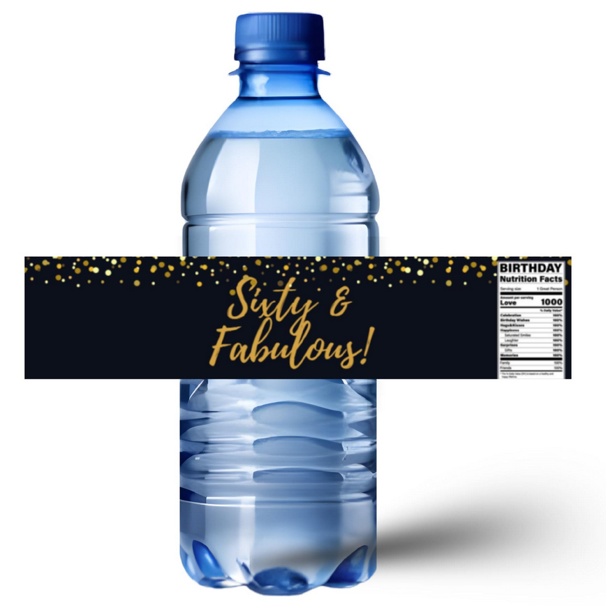 Sixty and Fabulous Water Bottle Labels | 60th Birthday Celebration | Glossy Water Bottle Wraps| 12
