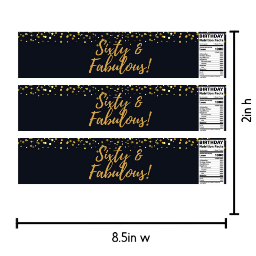 Sixty and Fabulous Water Bottle Labels | 60th Birthday Celebration | Glossy Water Bottle Wraps| 12