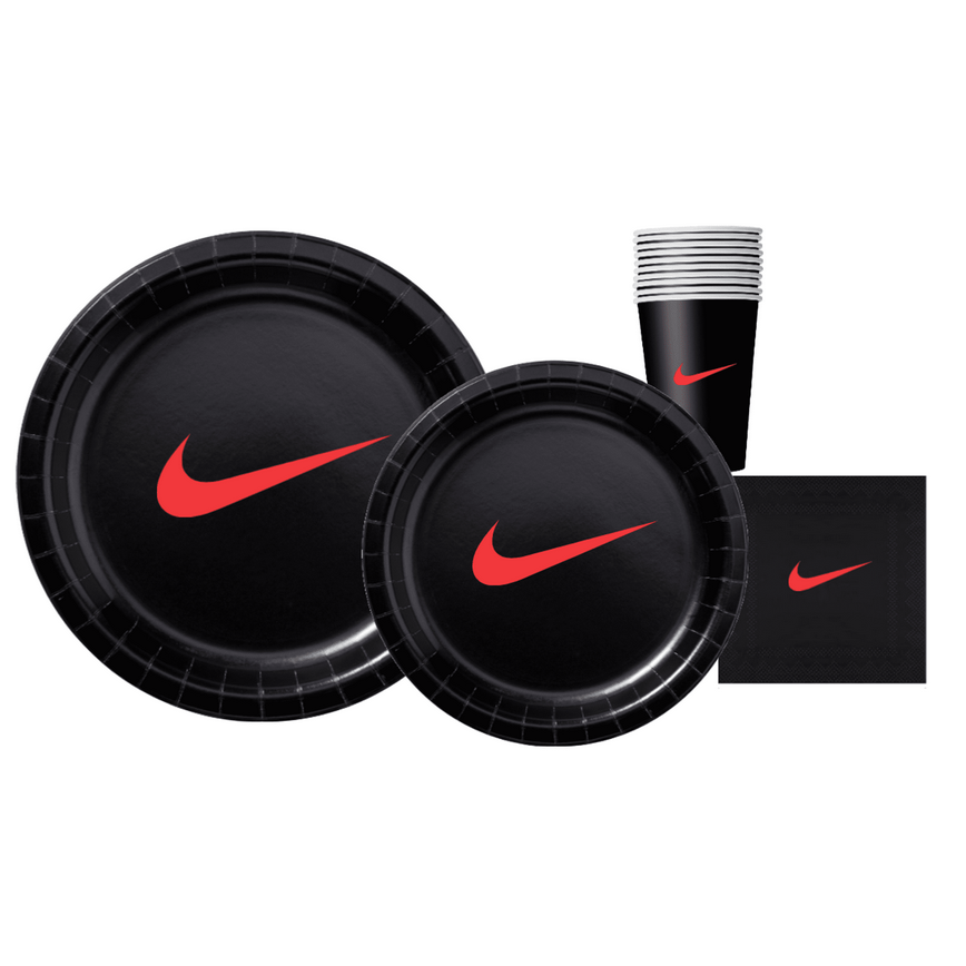 Custom 60 piece Party Pack with Paper Plates, napkins and Cups, Black with Red Sw00sh, Party Supplies Set