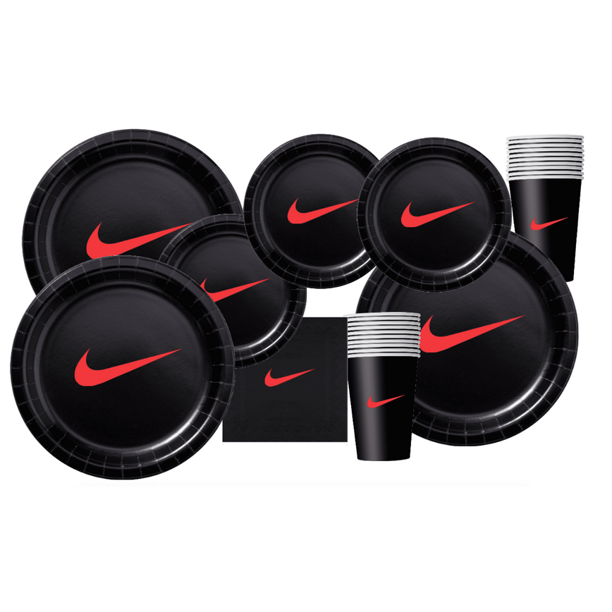Custom 60 piece Party Pack with Paper Plates, napkins and Cups, Black with Red Sw00sh, Party Supplies Set