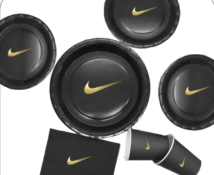 Custom Shoe Party Tableware Set, Black W/Gold, Paper Plates, Cups, Napkins 60pc