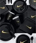 Custom Shoe Party Tableware Set, Black W/Gold, Paper Plates, Cups, Napkins 60pc