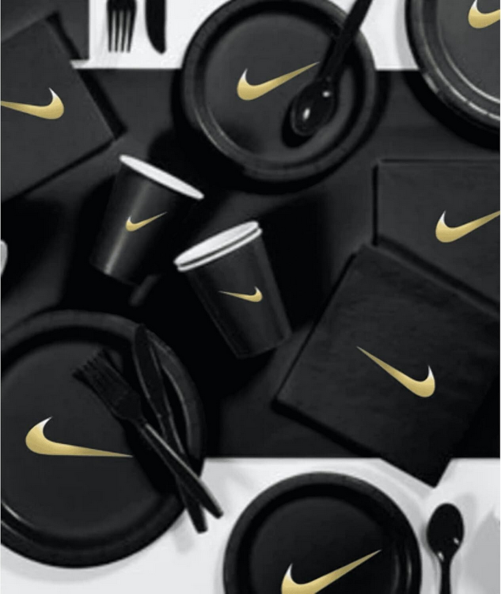Custom Shoe Party Tableware Set, Black W/Gold, Paper Plates, Cups, Napkins 60pc