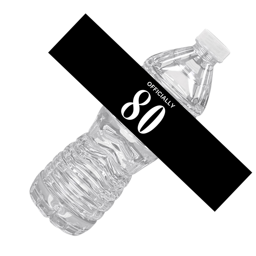 Officially 80 Birthday Water Bottle Labels | Set Of 12 | Elegant Milestone Party | Drink Wraps | Glossy