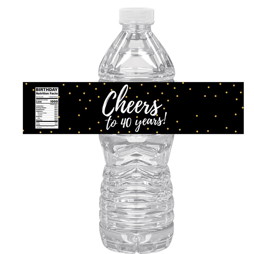 Cheers To 40 Years Water Bottle Labels | 40th Birthday Polka Dot Favors | Fun Birthday Nutrition Facts Design | 12 | Glossy