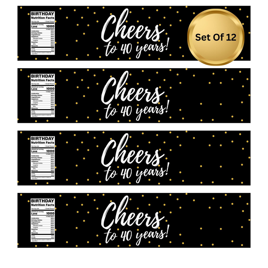 Cheers To 40 Years Water Bottle Labels | 40th Birthday Polka Dot Favors | Fun Birthday Nutrition Facts Design | 12 | Glossy
