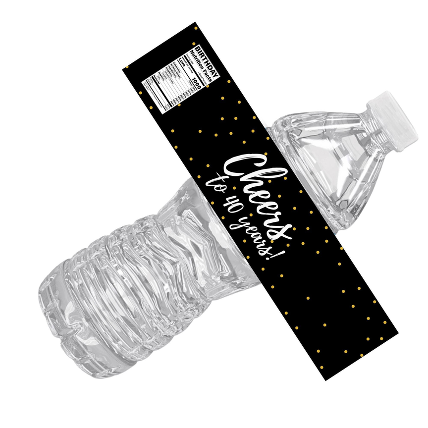 Cheers To 40 Years Water Bottle Labels | 40th Birthday Polka Dot Favors | Fun Birthday Nutrition Facts Design | 12 | Glossy