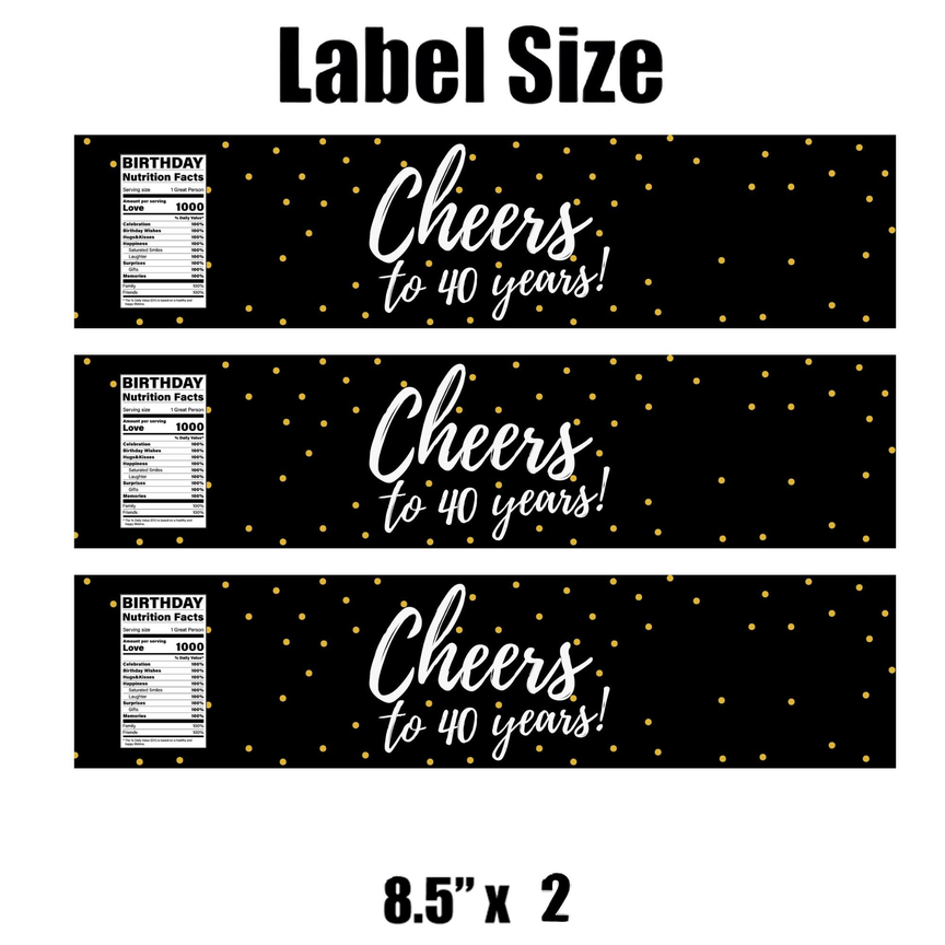 Cheers To 40 Years Water Bottle Labels | 40th Birthday Polka Dot Favors | Fun Birthday Nutrition Facts Design | 12 | Glossy