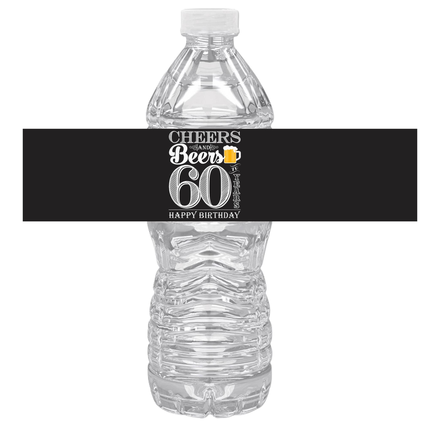 Cheers And Beers | 60th Birthday Party Water Bottle Labels | Set Of 12 | Milestone Celebration Decor | Drink Wrap Favors |Glossy