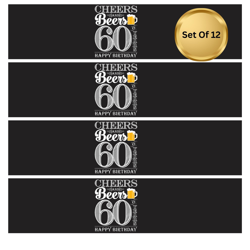 Cheers And Beers | 60th Birthday Party Water Bottle Labels | Set Of 12 | Milestone Celebration Decor | Drink Wrap Favors |Glossy