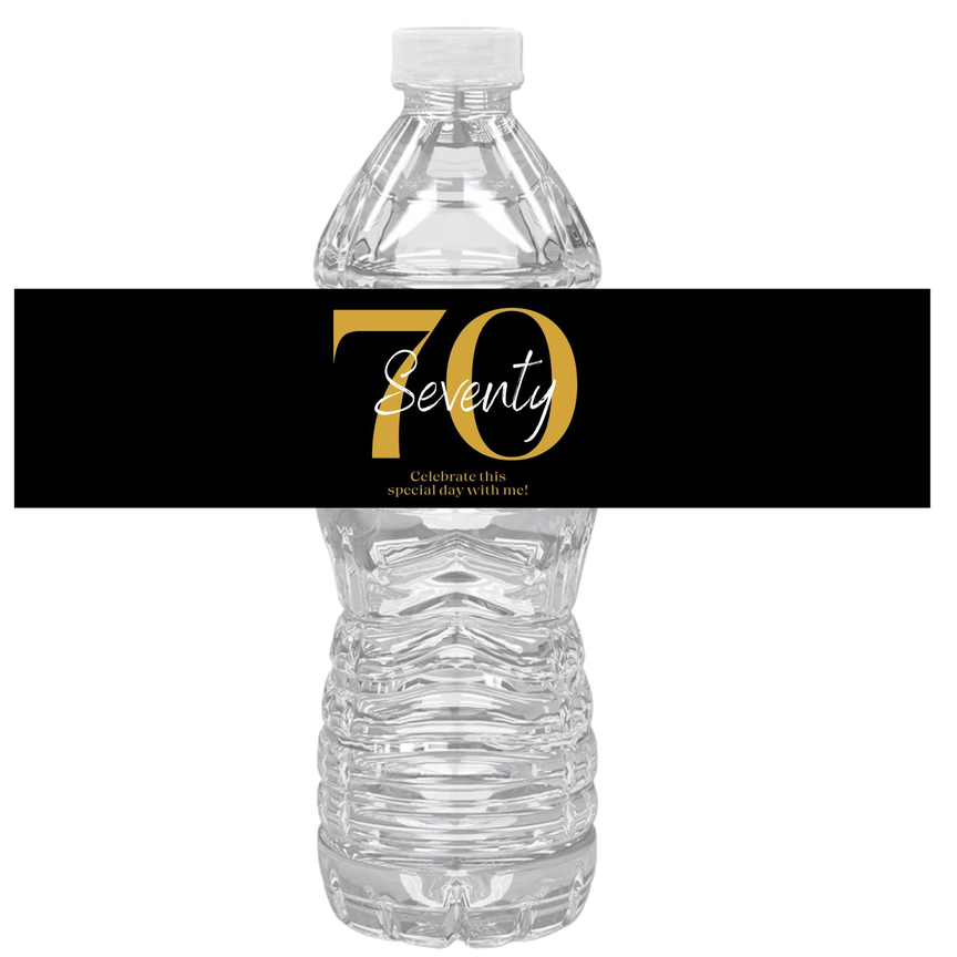 Seventy 70th Birthday Party Water Bottle Labels | Set Of 12 | Elegant Milestone Decor | Drink Wrap Favors | Glossy
