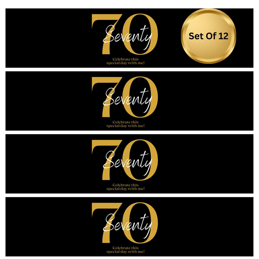 Seventy 70th Birthday Party Water Bottle Labels | Set Of 12 | Elegant Milestone Decor | Drink Wrap Favors | Glossy