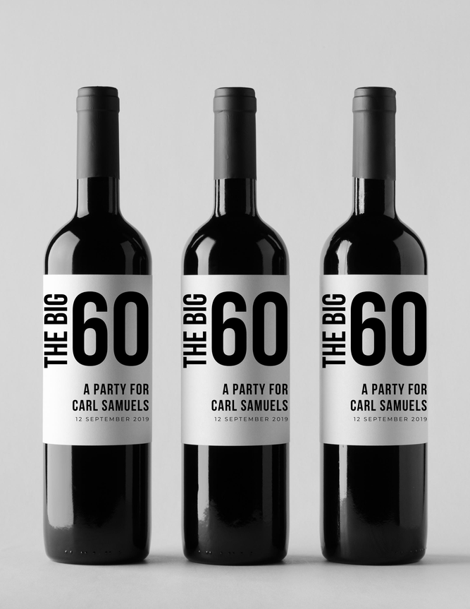 The Big 60 | 60th Birthday Wine Bottle Labels | Custom Birthday Name | Set Of Four | Glossy Celebration Style
