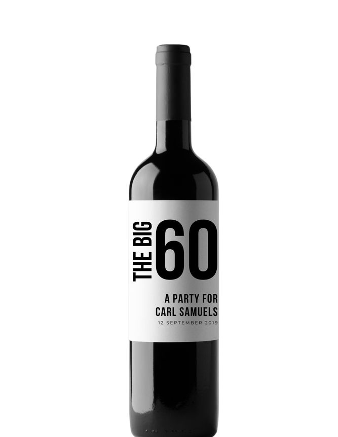 The Big 60 | 60th Birthday Wine Bottle Labels | Custom Birthday Name | Set Of Four | Glossy Celebration Style