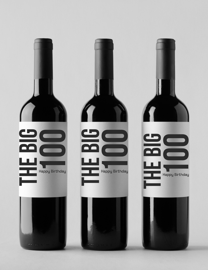 The Big 100 | Birthday Wine Bottle Labels| Glossy Bottle Labels | Set Of Four | Party Labels Design