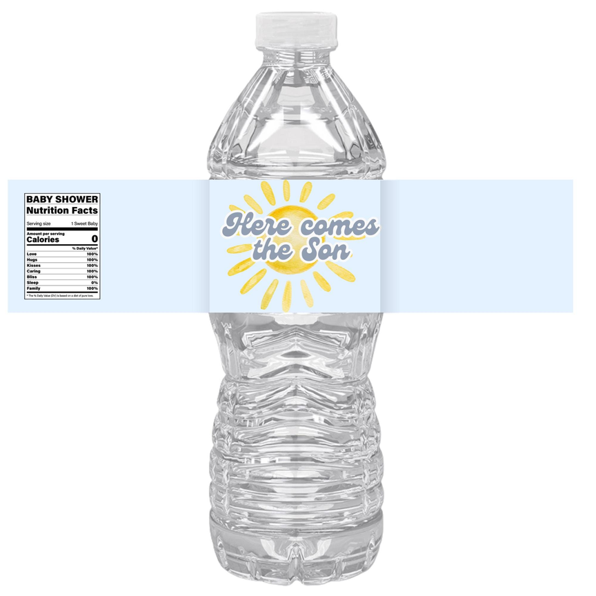 Here Comes The Son | Baby Shower Water Bottle Labels | Set Of 12 | Boy Baby Shower Theme | Sunshine Party Decor | Drink Wrap Favors