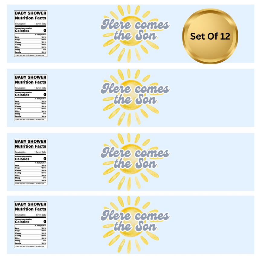 Here Comes The Son | Baby Shower Water Bottle Labels | Set Of 12 | Boy Baby Shower Theme | Sunshine Party Decor | Drink Wrap Favors