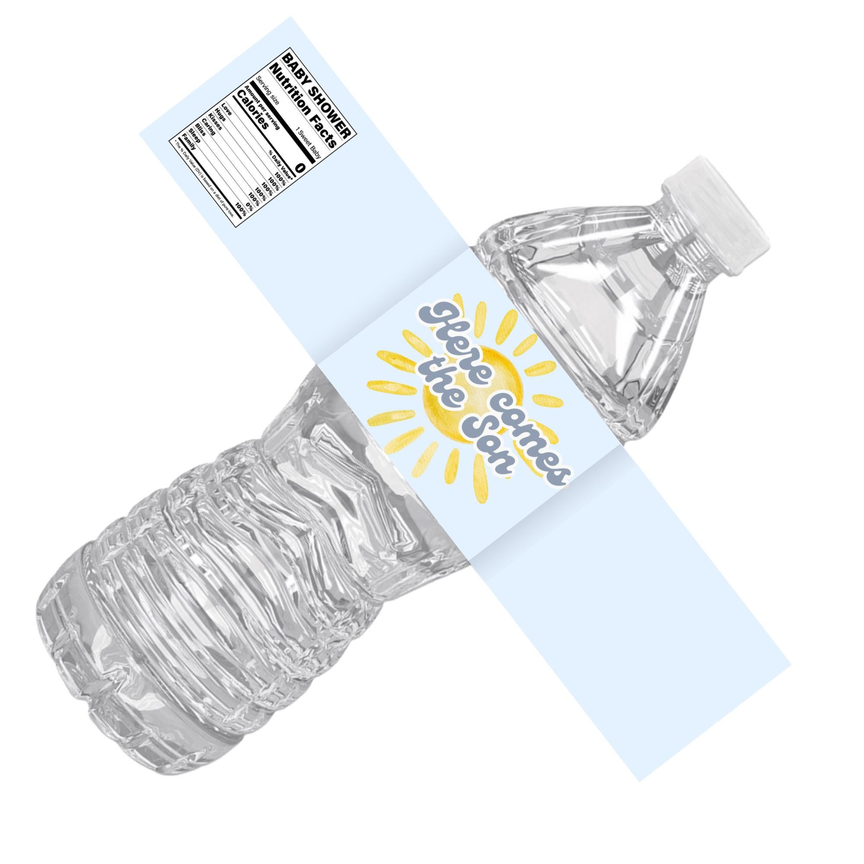 Here Comes The Son | Baby Shower Water Bottle Labels | Set Of 12 | Boy Baby Shower Theme | Sunshine Party Decor | Drink Wrap Favors