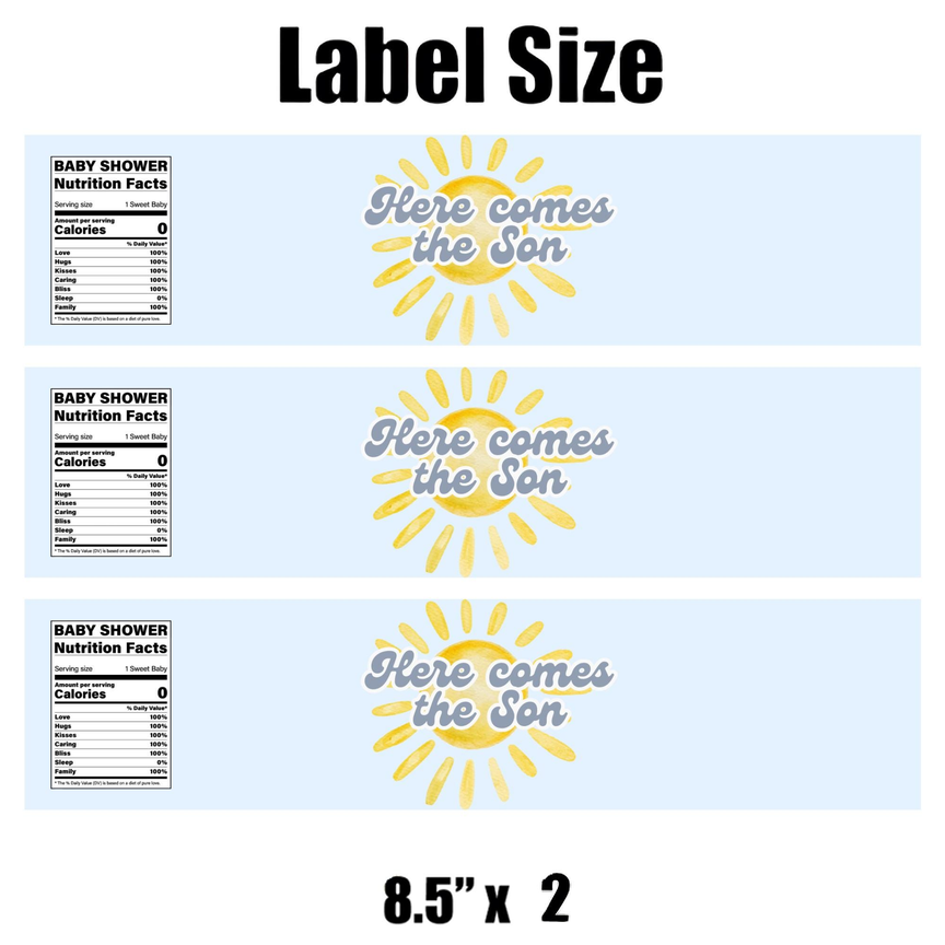 Here Comes The Son | Baby Shower Water Bottle Labels | Set Of 12 | Boy Baby Shower Theme | Sunshine Party Decor | Drink Wrap Favors