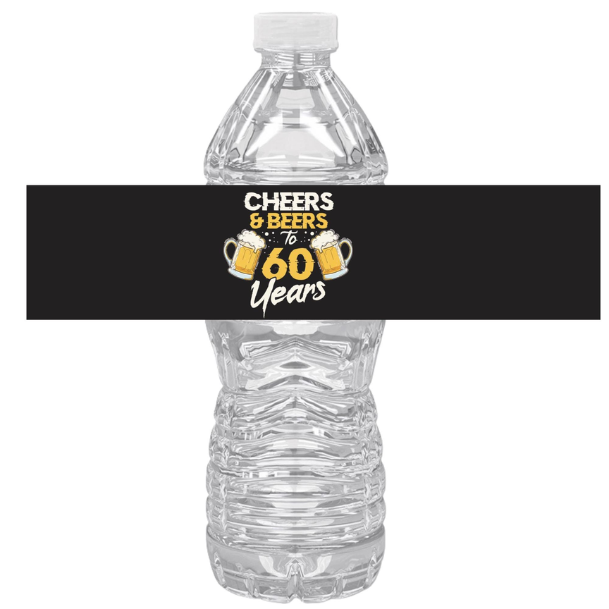 Cheers And Beers | 60th Birthday Party Water Bottle Labels | Set Of 12 | Milestone Celebration Decor | Drink Wrap Favors | Glossy