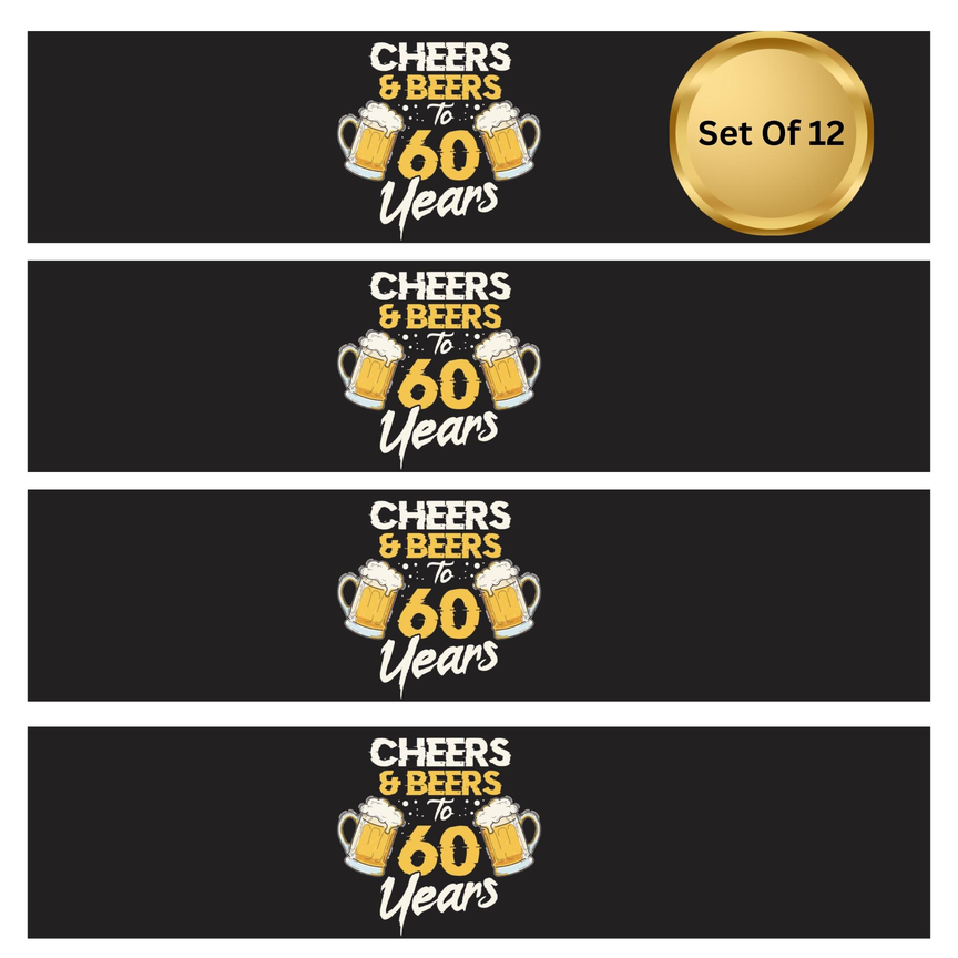 Cheers And Beers | 60th Birthday Party Water Bottle Labels | Set Of 12 | Milestone Celebration Decor | Drink Wrap Favors | Glossy