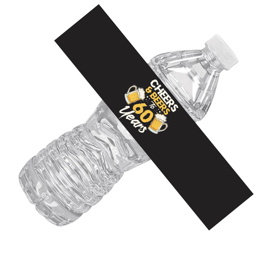 Cheers And Beers | 60th Birthday Party Water Bottle Labels | Set Of 12 | Milestone Celebration Decor | Drink Wrap Favors | Glossy