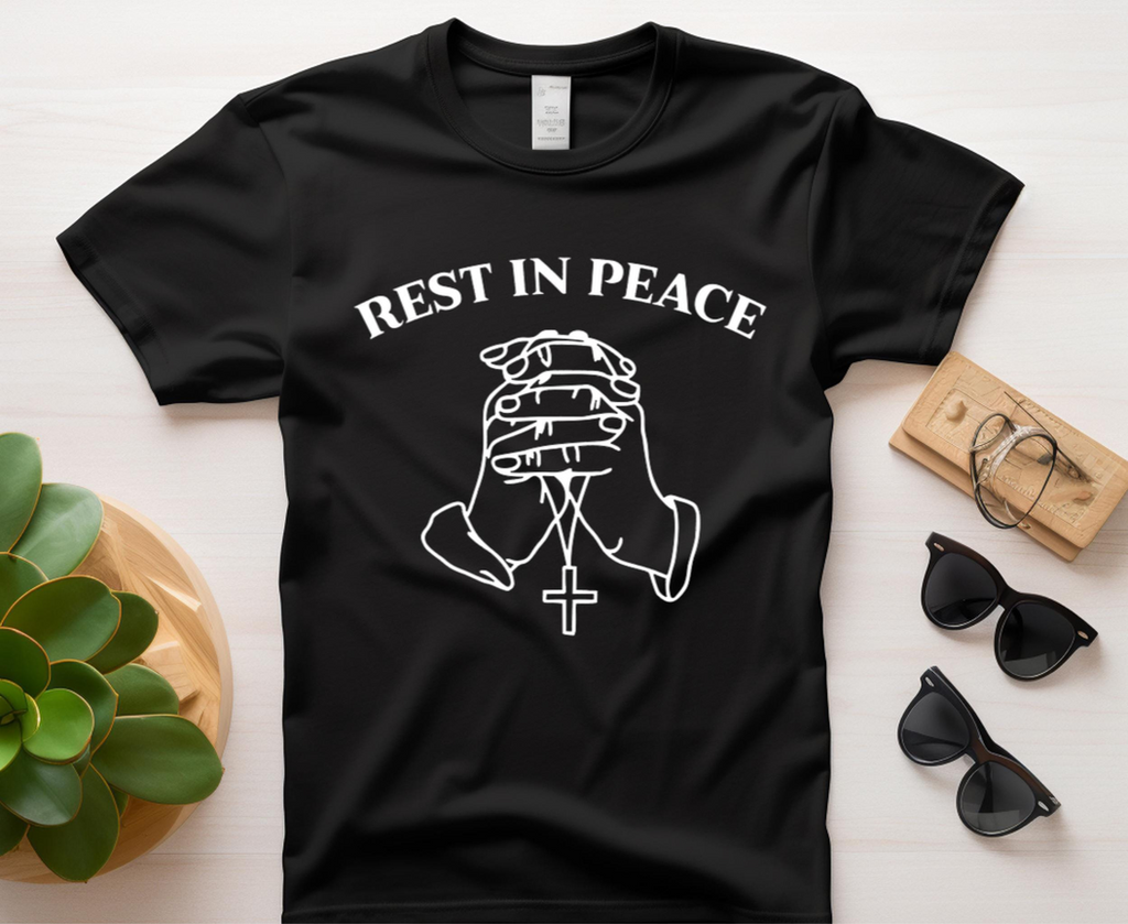 Rest In Peace Memorial Iron On Vinyl Decal | Praying Hands | Heat Transfer | 11x10 | Custom Apparel| HTV