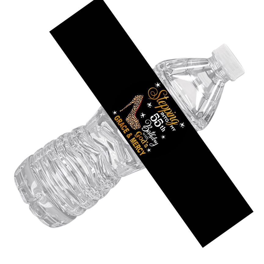 Stepping Into My 55th Birthday With Gods Grace And Mercy Water Bottle Labels |Set Of 12| Glossy