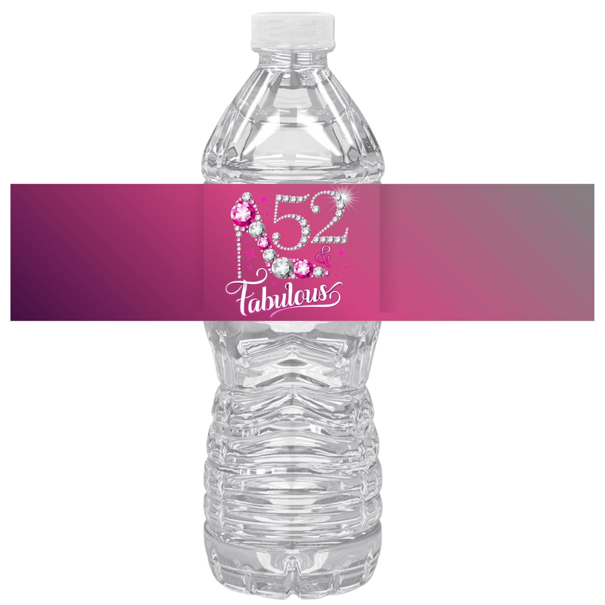 52 And Fabulous Birthday  Water Bottle Labels | Set Of 12 | Elegant Milestone Party | Drink Wrap Favors | Glossy