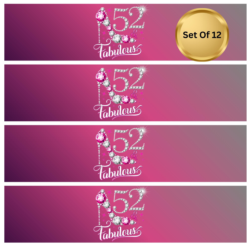 52 And Fabulous Birthday  Water Bottle Labels | Set Of 12 | Elegant Milestone Party | Drink Wrap Favors | Glossy