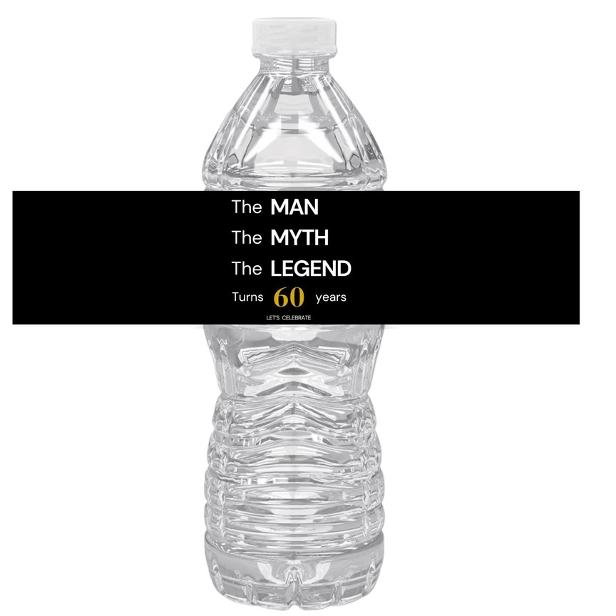 The Man The Myth The Legend 60th Birthday Water Bottle Labels | Set Of 12 |Party Decor | Masculine Celebration Favors | Drink Wrap Labels