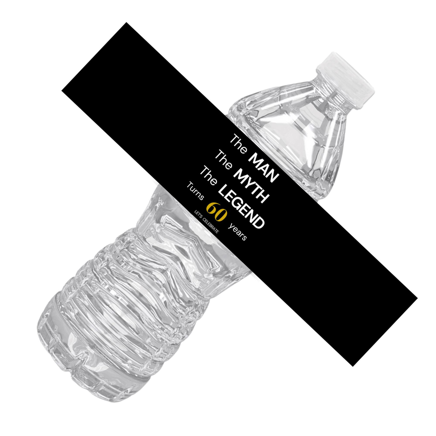 The Man The Myth The Legend 60th Birthday Water Bottle Labels | Set Of 12 |Party Decor | Masculine Celebration Favors | Drink Wrap Labels
