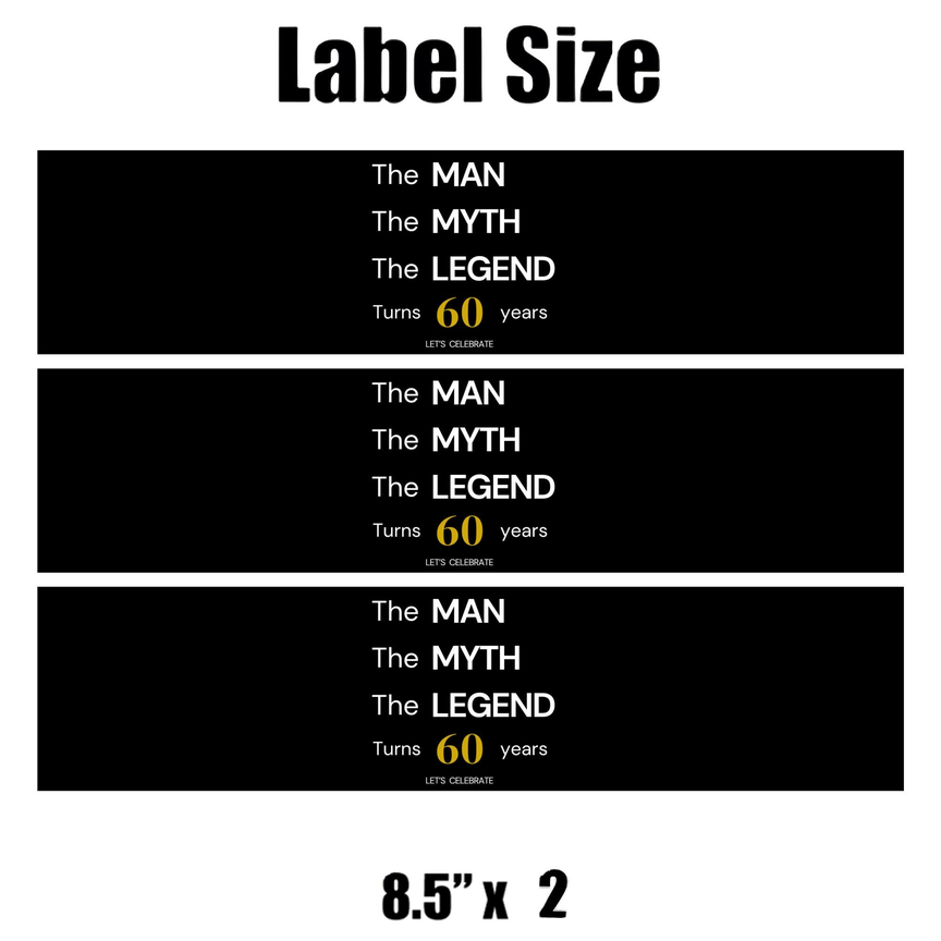The Man The Myth The Legend 60th Birthday Water Bottle Labels | Set Of 12 |Party Decor | Masculine Celebration Favors | Drink Wrap Labels