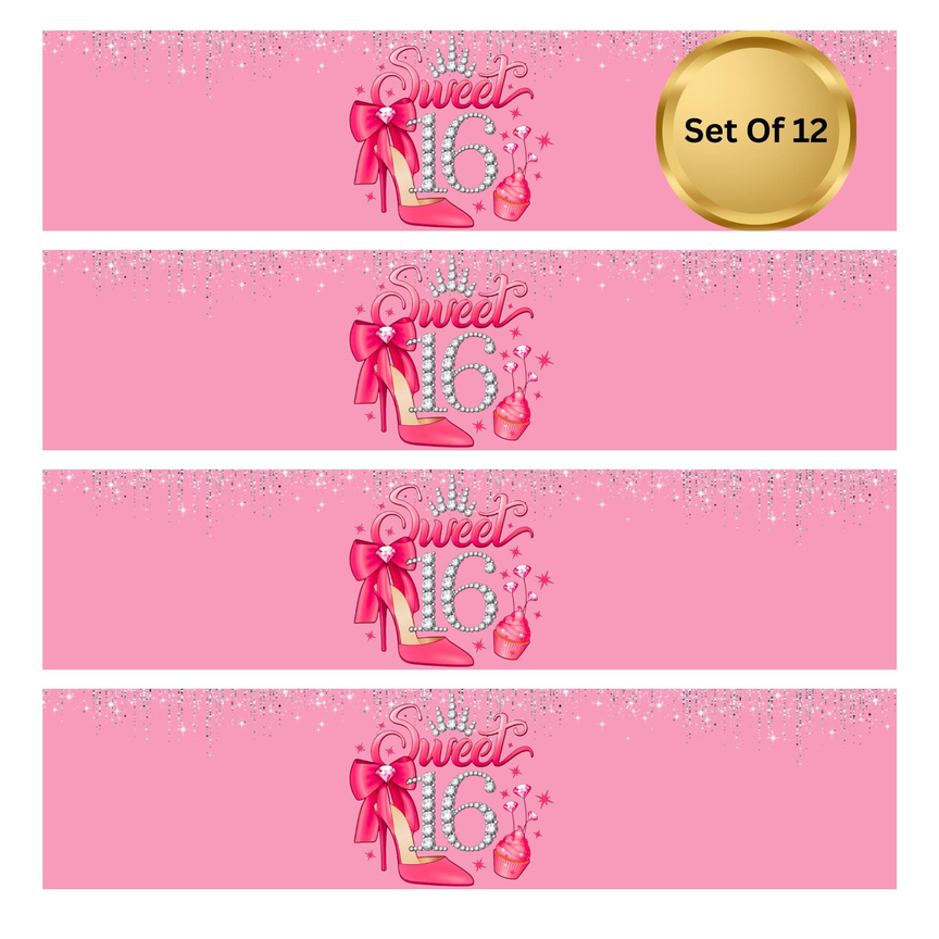 Sweet 16 Birthday Party Water Bottle Labels | Set Of 12 | Glam Teen Celebration | Drink Wrap Favors | Glossy