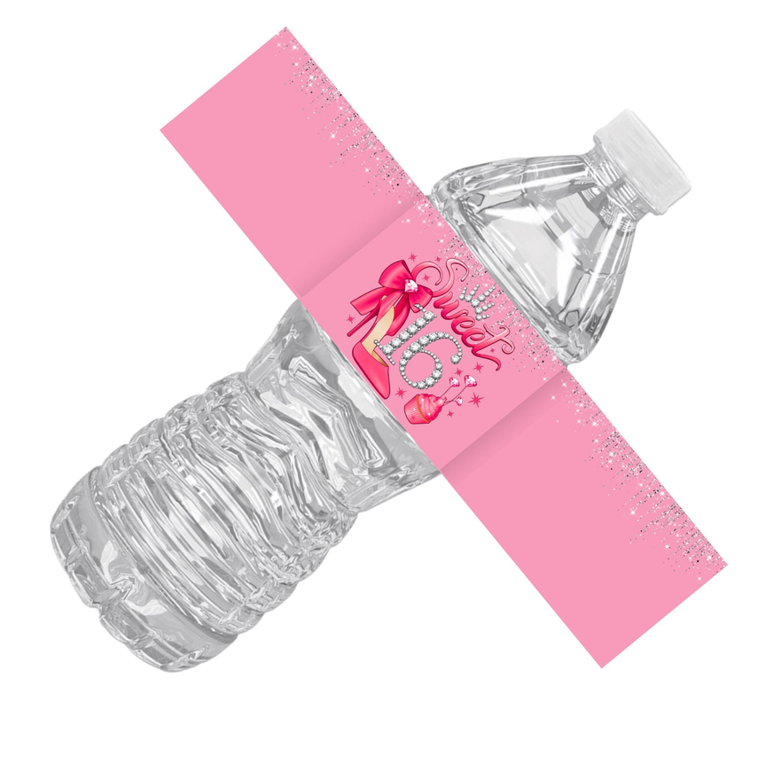 Sweet 16 Birthday Party Water Bottle Labels | Set Of 12 | Glam Teen Celebration | Drink Wrap Favors | Glossy