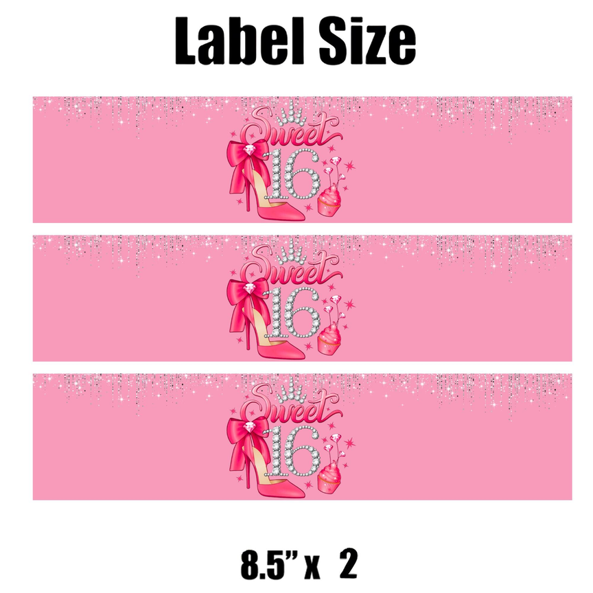 Sweet 16 Birthday Party Water Bottle Labels | Set Of 12 | Glam Teen Celebration | Drink Wrap Favors | Glossy